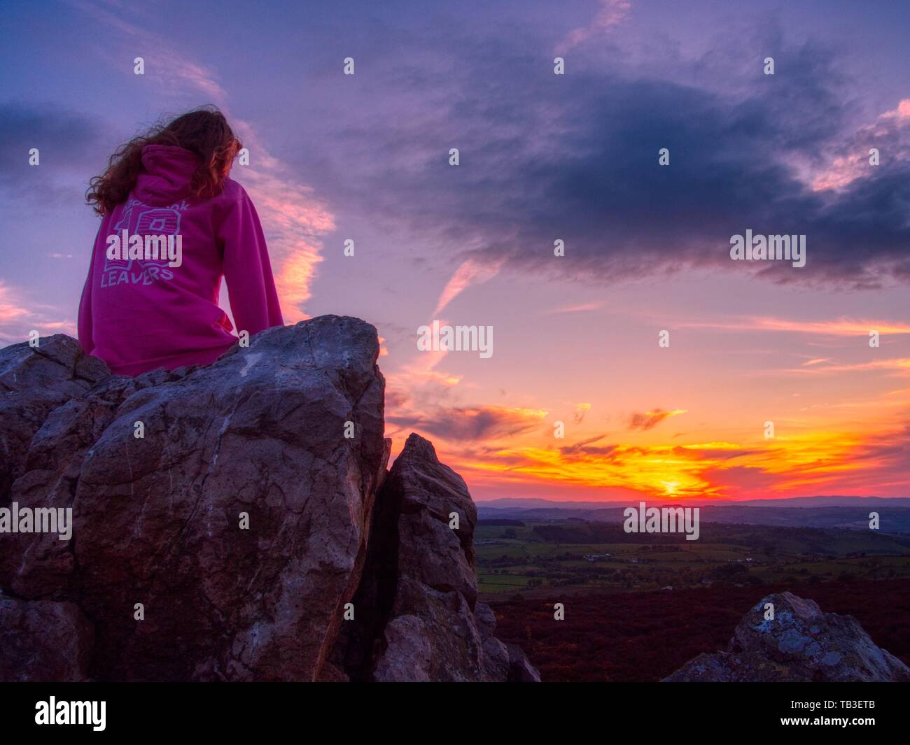 Sonnenuntergang gesehen von der Stiperstones, Shropshire, Großbritannien Stockfoto