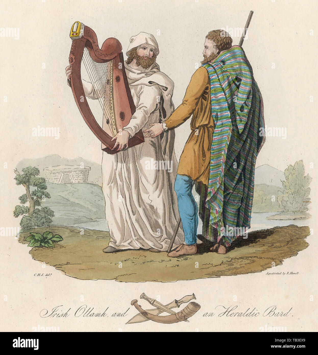 Irische Barden mit einem ollam in einem aus dem 18. Jahrhundert drucken Stockfoto