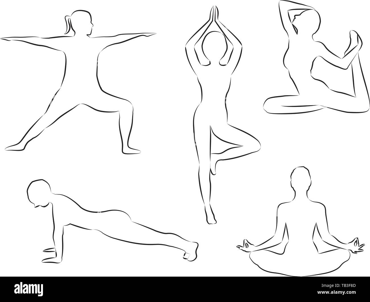 Frauen Yoga Übungen Silhouetten Umrisse vector Abbildung auf einem weißen Hintergrund. Aktivität im Freien Meditation und Entspannung. Acti Stock Vektor
