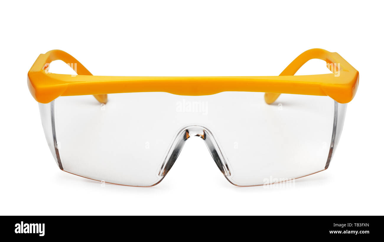 Vorderansicht des gelben Kunststoff Schutzbrille isoliert auf weißem Stockfoto