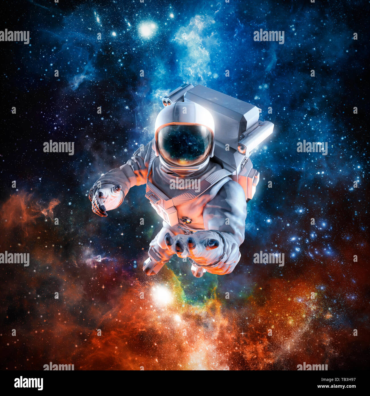 Ich biete Ihnen die Sterne/3D-Darstellung der science fiction Szene mit schwebenden Astronauten im Weltraum erreichen mit der offenen Hand in Richtung Viewer Stockfoto