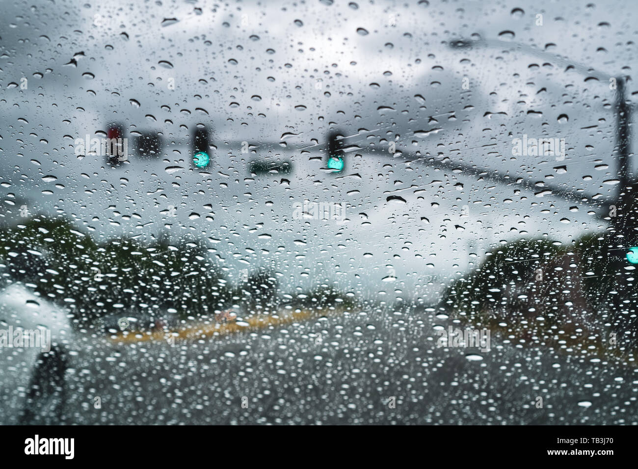 Fahren an einem regnerischen Tag; Regentropfen auf der Windschutzscheibe; San Jose, Kalifornien Stockfoto