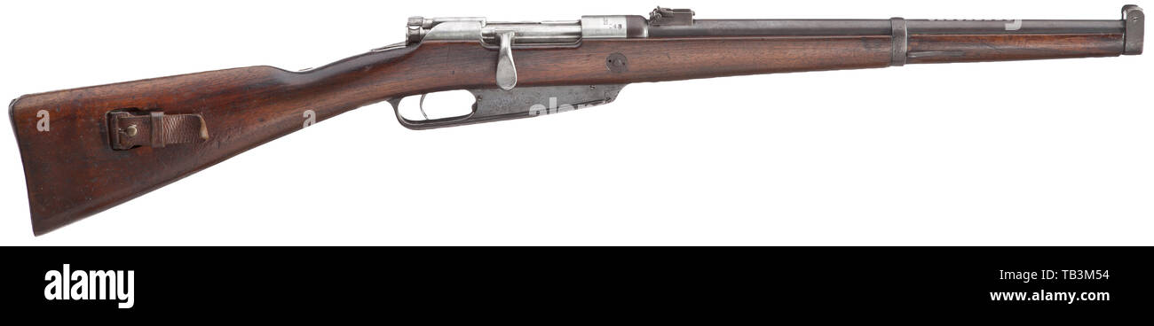 Ein Karabiner 88, VCS 1890, Cal. 8 x 57, No. 6407 d. Übereinstimmende Nummern einschließlich aller Armaturen. Helle Bohrung. Anblick skaliert 5 - 12. Kammer unterzeichnet "V. C. in Schilling/Suhl/1890'. S-Patrone. Entfernt bayerische Einheit Stempel "B 1.Ch. 5.25.', gültige Stempel "B.3. T. 2.22. 'Original, etwas patinierten Oberfläche des Zylinders Jacke, Zeitschrift Platte und Armaturen, teilweise beschmutzt. Sperren und Empfänger poliert weiß. Nussbaum vollen Lager mit wenig Gebrauchsspuren und ursprünglichen Gurt. Guten bis sehr guten Gesamtzustand. Länge 95 cm. Erwerbsscheinpflichtig. Deutsches Reich, Deutschland,, Additional-Rights - Clearance-Info - Not-Available Stockfoto
