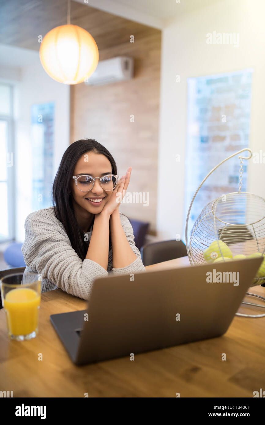 Portrait von aucasian Frau mit Laptop am Tisch in der Küche Innenraum beim Frühstück zu Hause Stockfoto