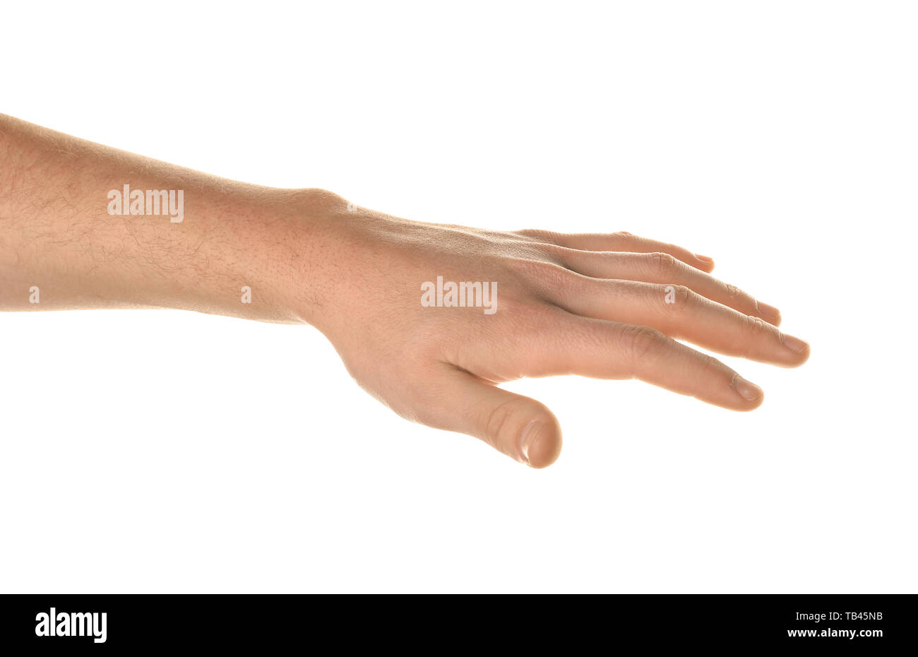Männliche Hand auf weißem Hintergrund Stockfoto