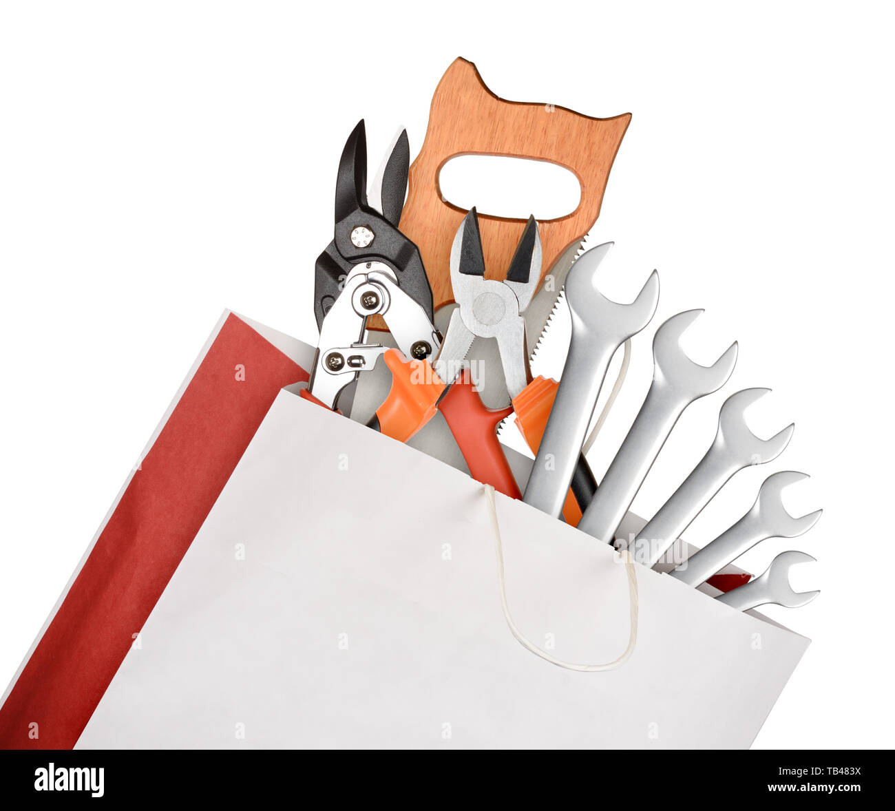 Tasche mit Werkzeug mit auf weißem Hintergrund Stockfoto
