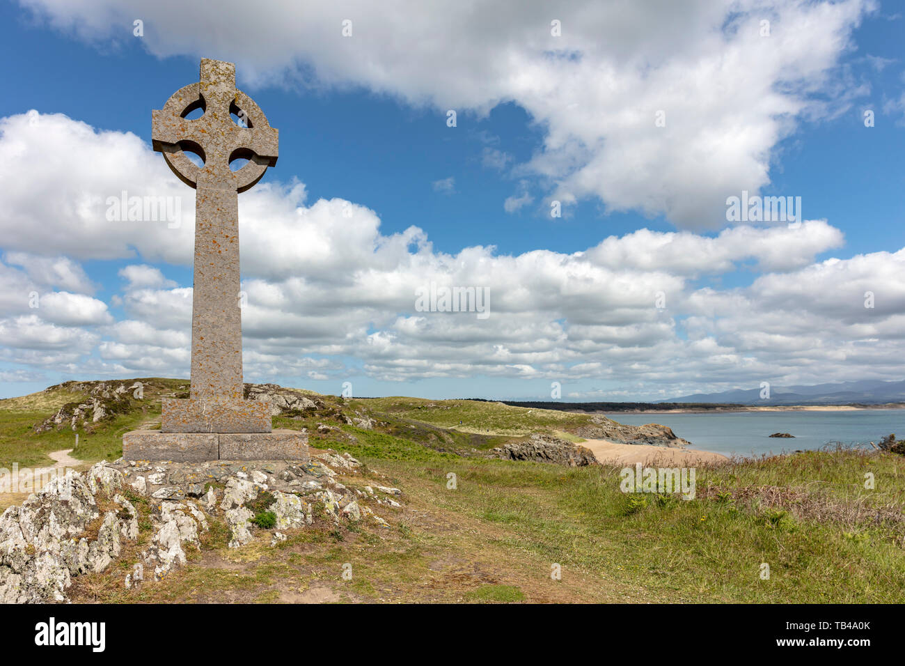 Keltisches Kreuz, LLanddwyn Island, Anglesey, Wales Stockfoto