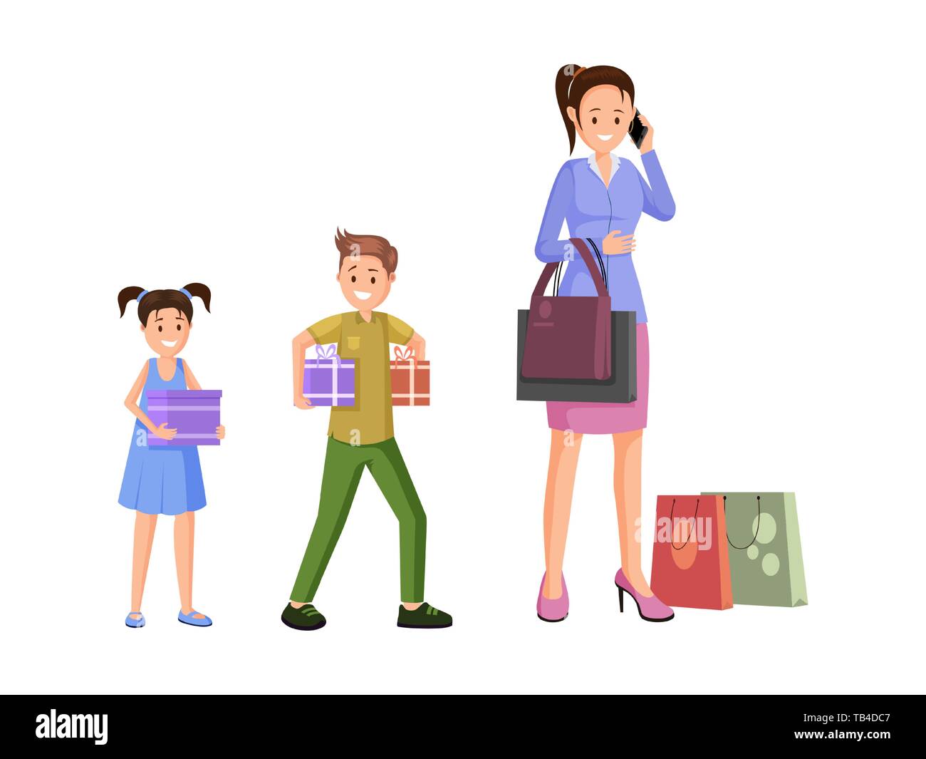 Mutter Einkaufen mit Kindern Vector Illustration. Cartoon Frau, weiblichen Shopper mit Einkaufstaschen sprechen über Smartphones. Glückliche Kinder, Geschwister Holding dekorierte Geschenkboxen, Weihnachtsgeschenke Stock Vektor