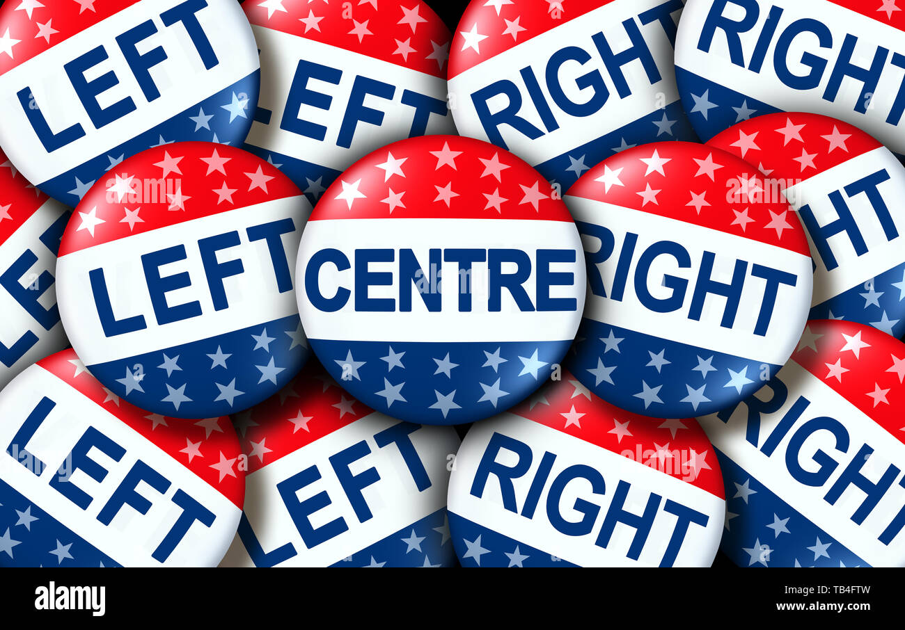 Zentrum Politik als linken und rechten Flügel stimmen Abzeichen als United States Wahl oder Abstimmung Konzept als Symbol mit konservativen und liberalen politischen. Stockfoto