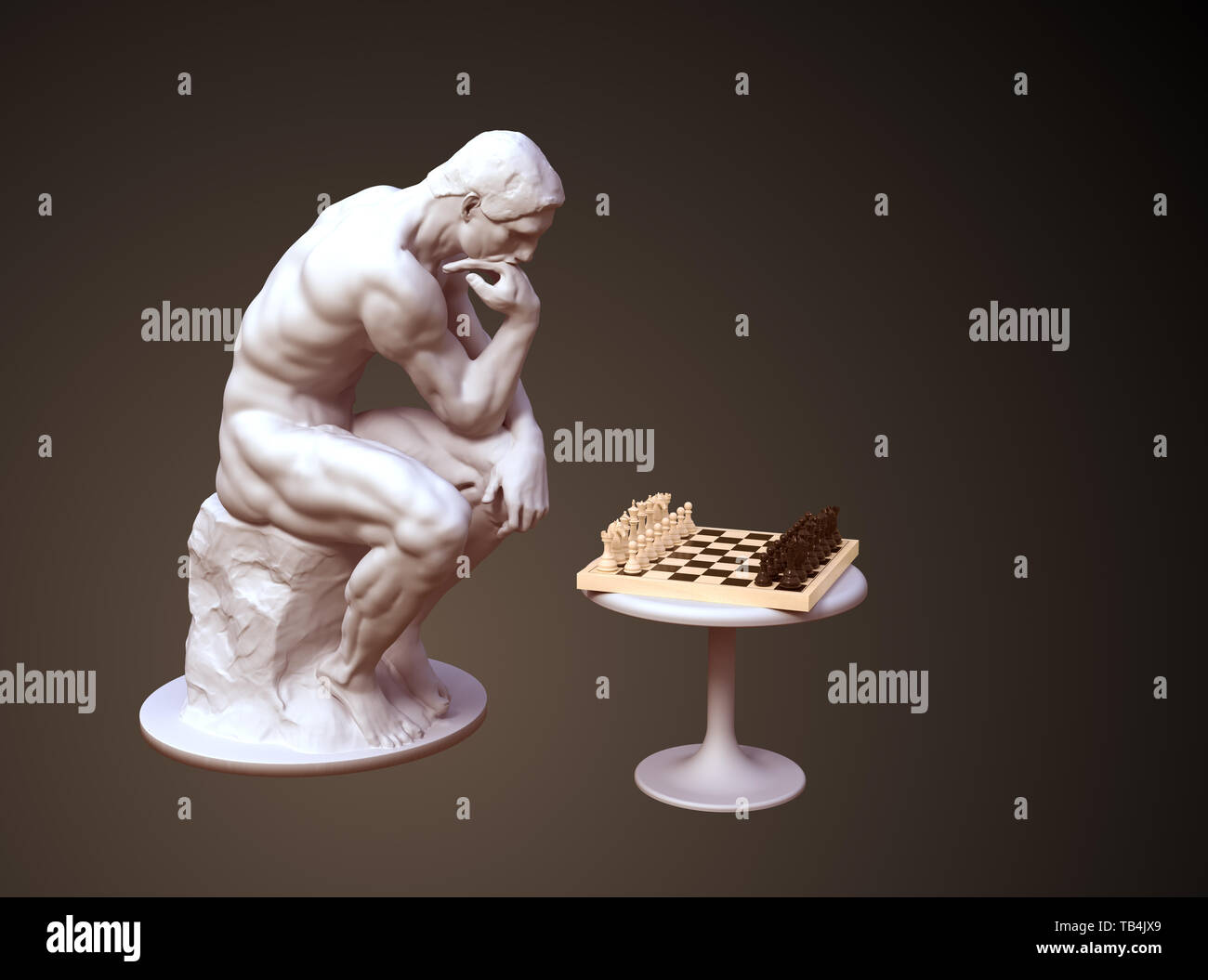 Skulptur Denker grübeln Das Schachspiel auf braunem Hintergrund. 3D-Darstellung. Stockfoto