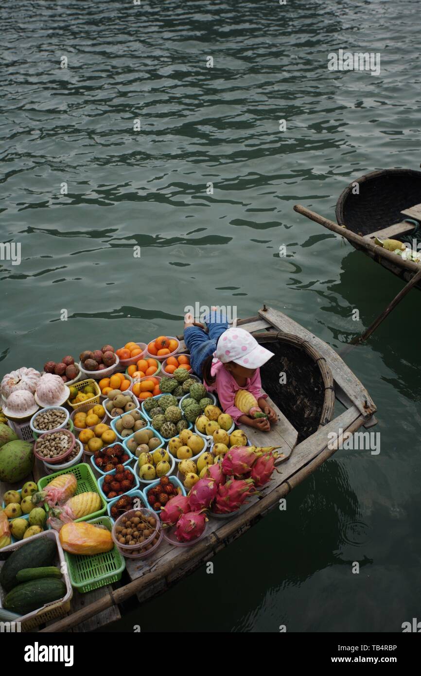 Verkauf von Obst in der Halong Bucht Stockfoto