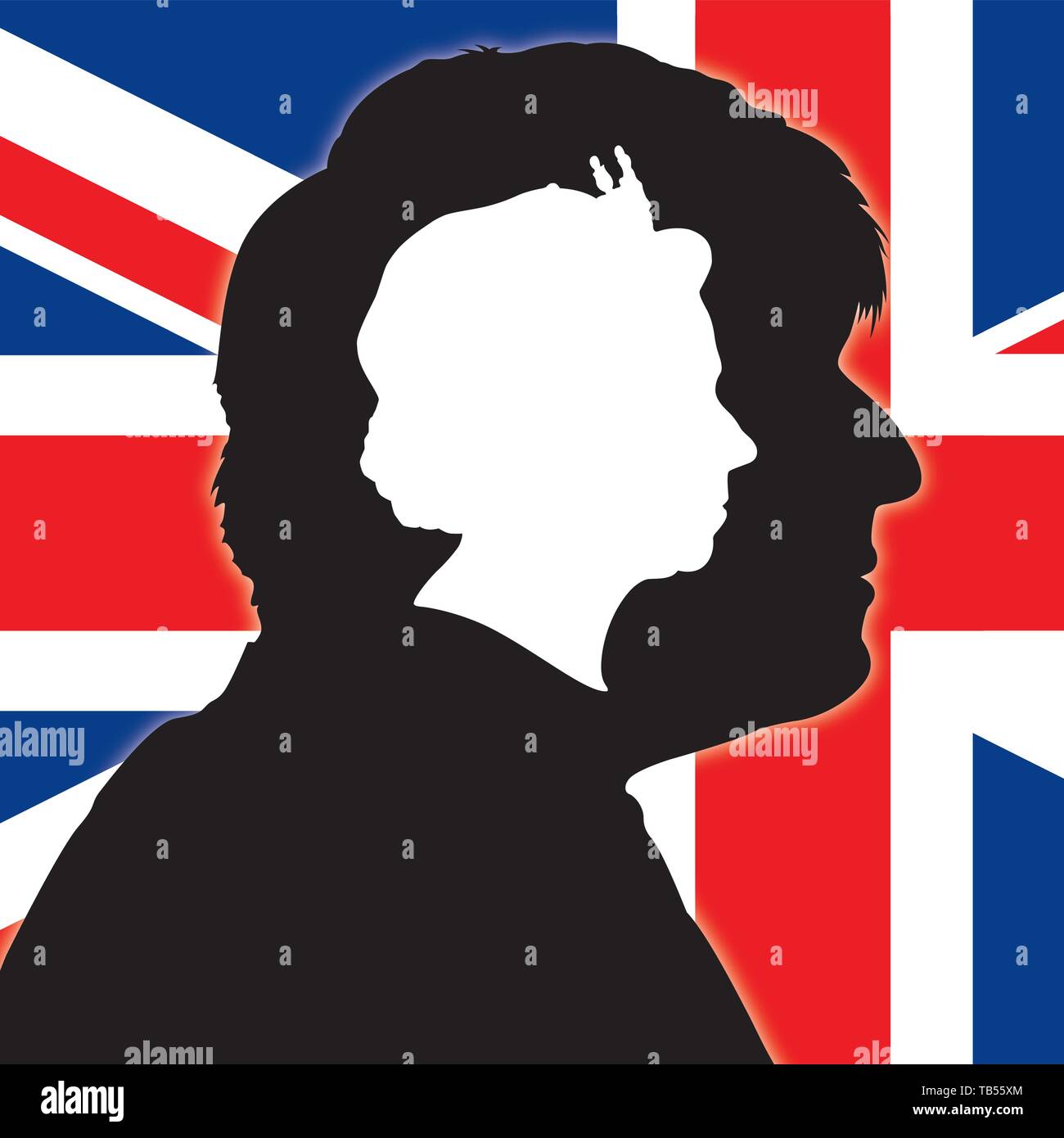 Boris Johnson silhouette Porträt mit britischer Flagge und Königin Elisabeth II., britischer Politiker der Regierung des Vereinigten Königreichs Stock Vektor