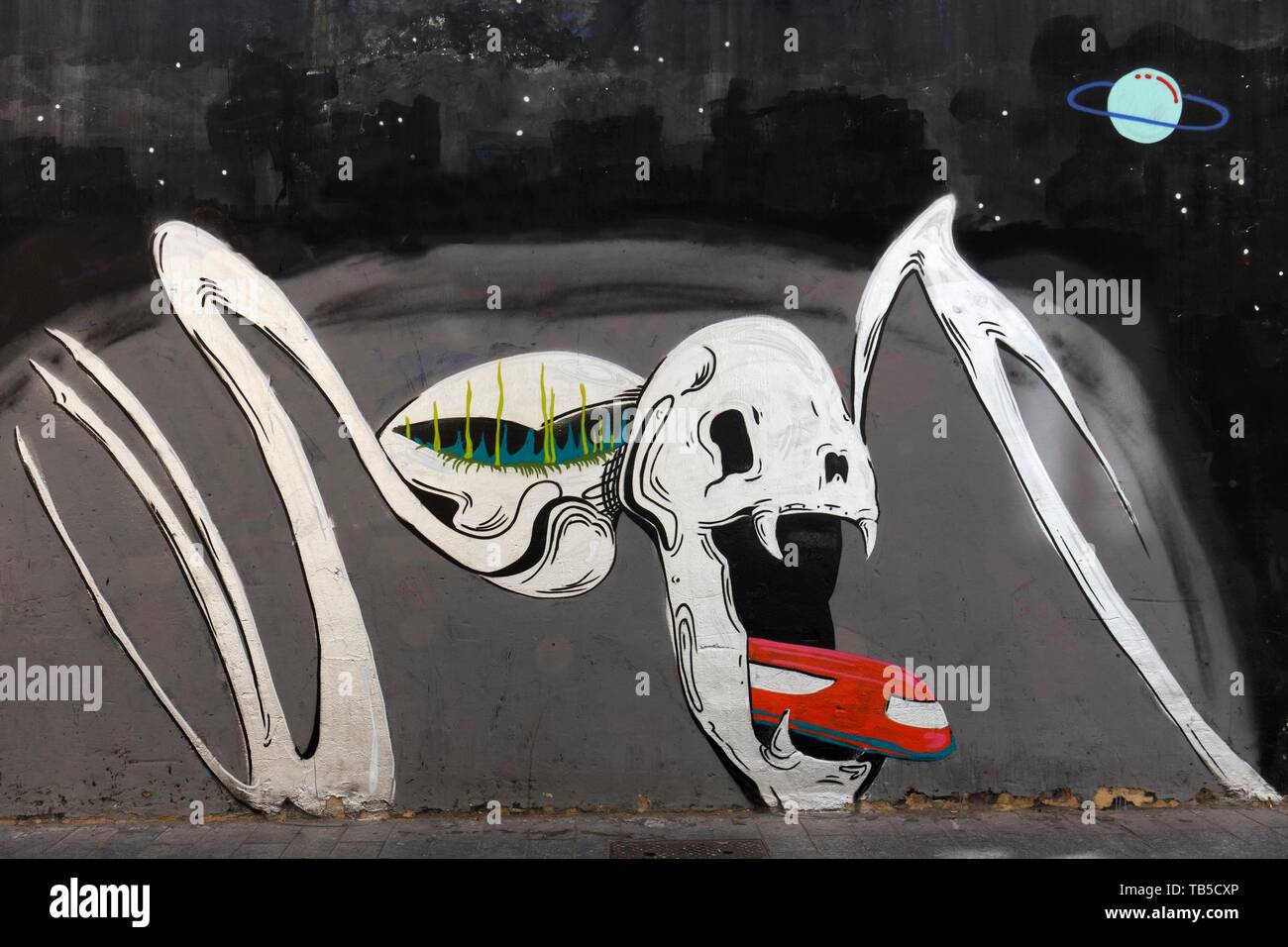 Graffito an einem gruseligen Riesenspinne, Monster, Street Art in der carme Viertel, Altstadt, Valencia, Spanien Stockfoto