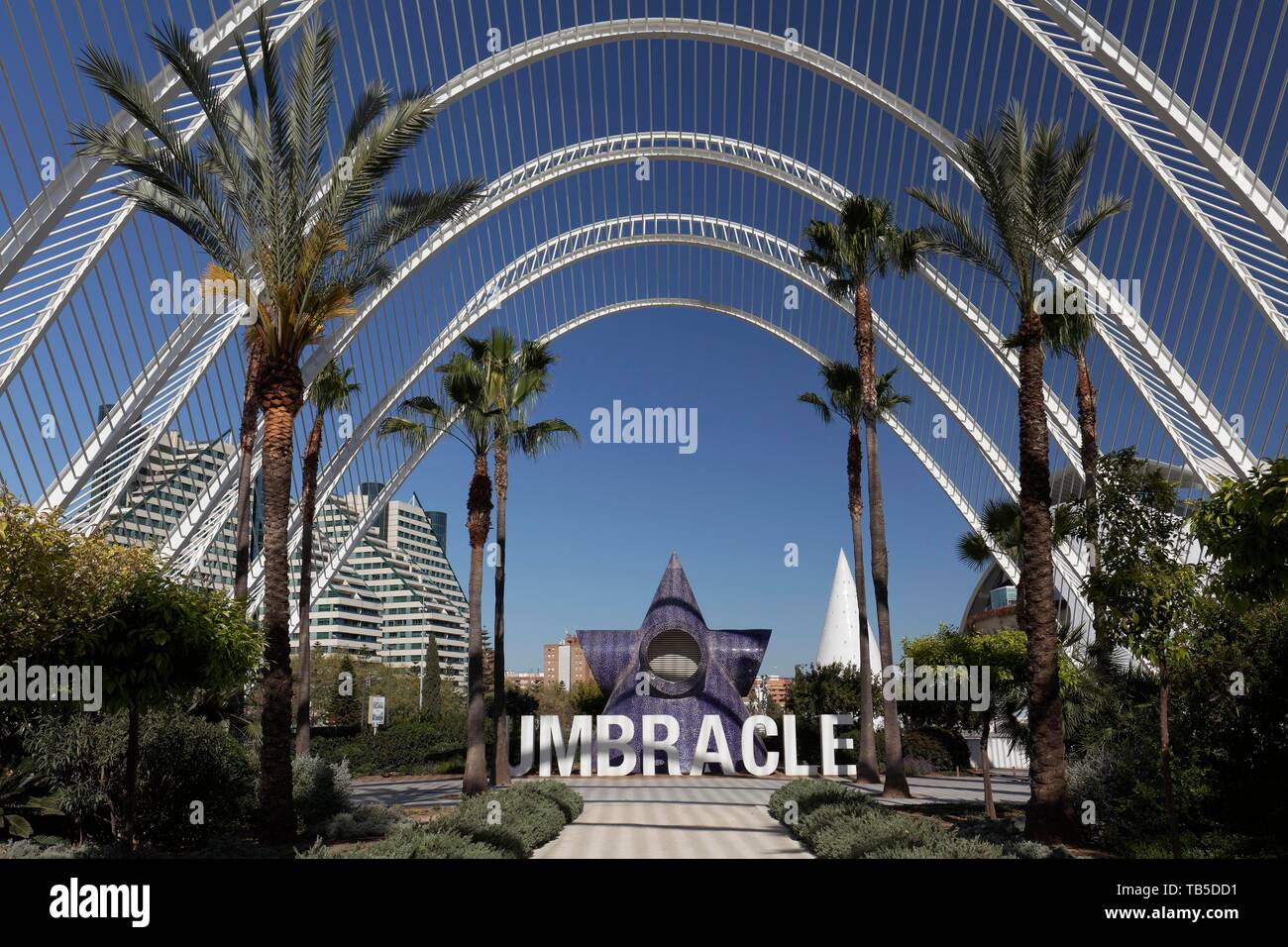 L'Umbracle, schattigen Korridor mit Palmen, CAC, Ciutat des Arts ich les Ciencies, Architekt Santiago Calatrava, Valencia, Spanien Stockfoto