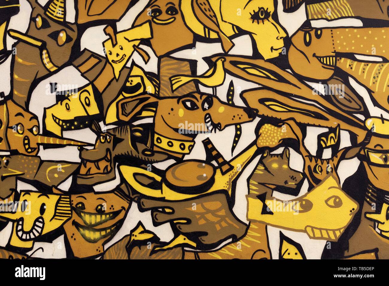 Graffiti, Muster der bizarren Köpfe, Mensch und Tier, Street Art im Bezirk El Carme, Altstadt, Valencia, Spanien Stockfoto