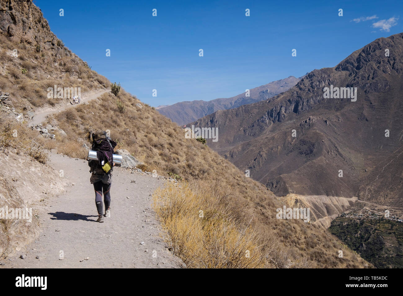 Wanderer auf den Spuren der Colca Canyon, Cabanaconde Bezirk, Peru Stockfoto