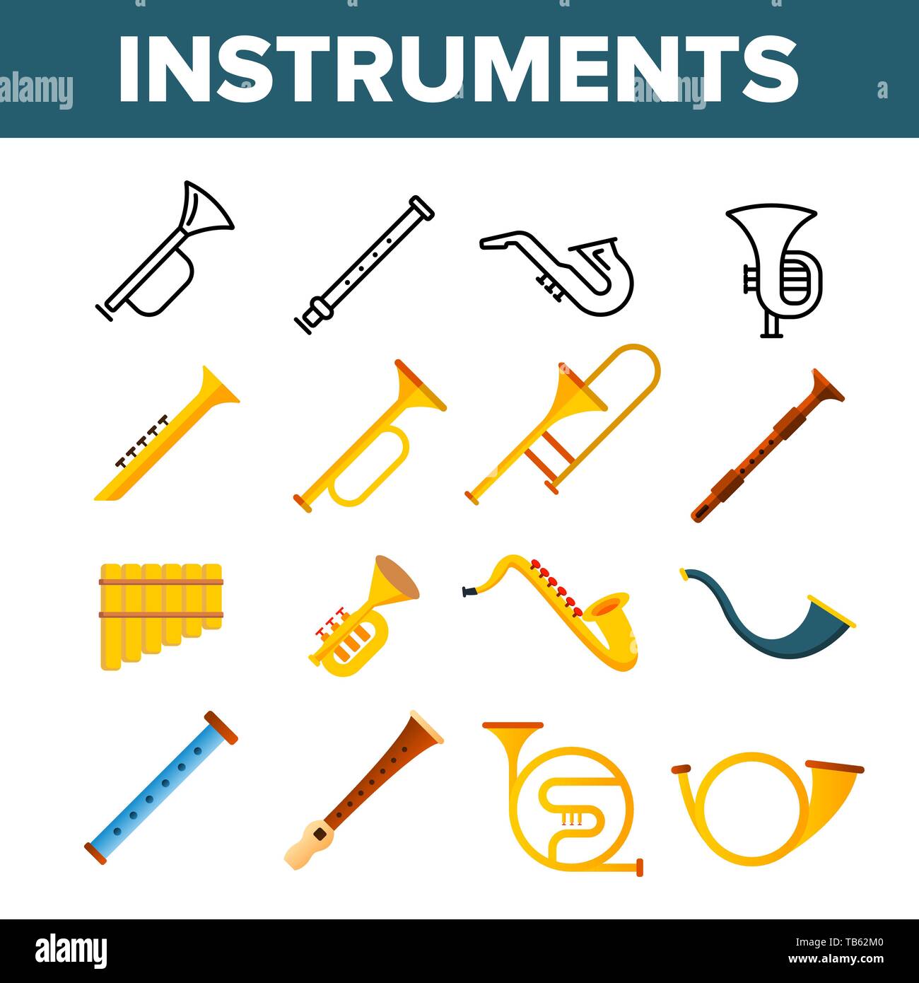 Wind Musikinstrumente Vector Color Symbole gesetzt. Trompete, Saxophon akustische Instrumente lineare Symbole Pack. Jazz Symphony Orchestra, Blues Band. Gol Stock Vektor