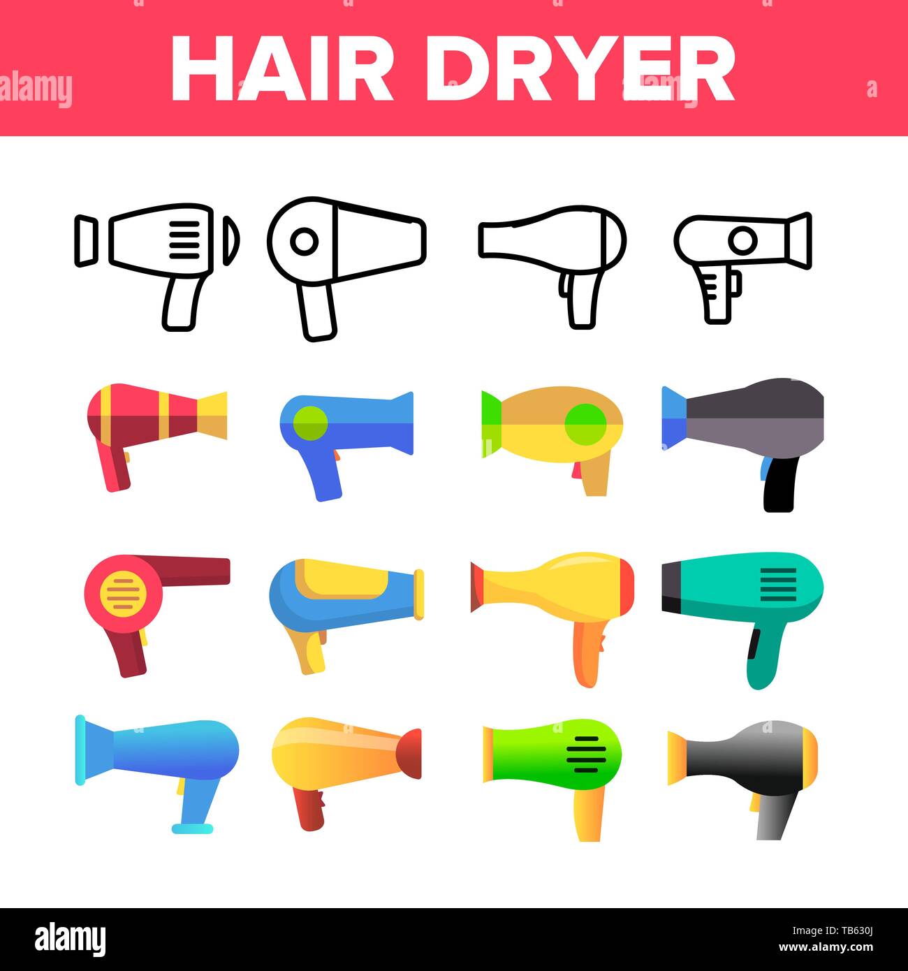 Föhn Gerät Vector Color Symbole gesetzt. Moderne und Retro Fön lineare Symbole Pack. Kosmetiksalon, Friseursalon Ausstattung. Hair Styling Stock Vektor