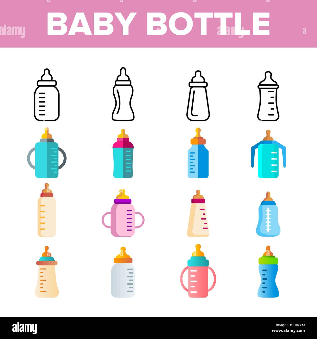 Baby Flasche, Kinderbetreuung Ausrüstung Vector Linear Symbole gesetzt. Baby Flaschen mit Latex-, Silikon Brustwarzen für die Ernährung von Säuglingen. Sippy Cups dünne Linie Pictogra Stock Vektor