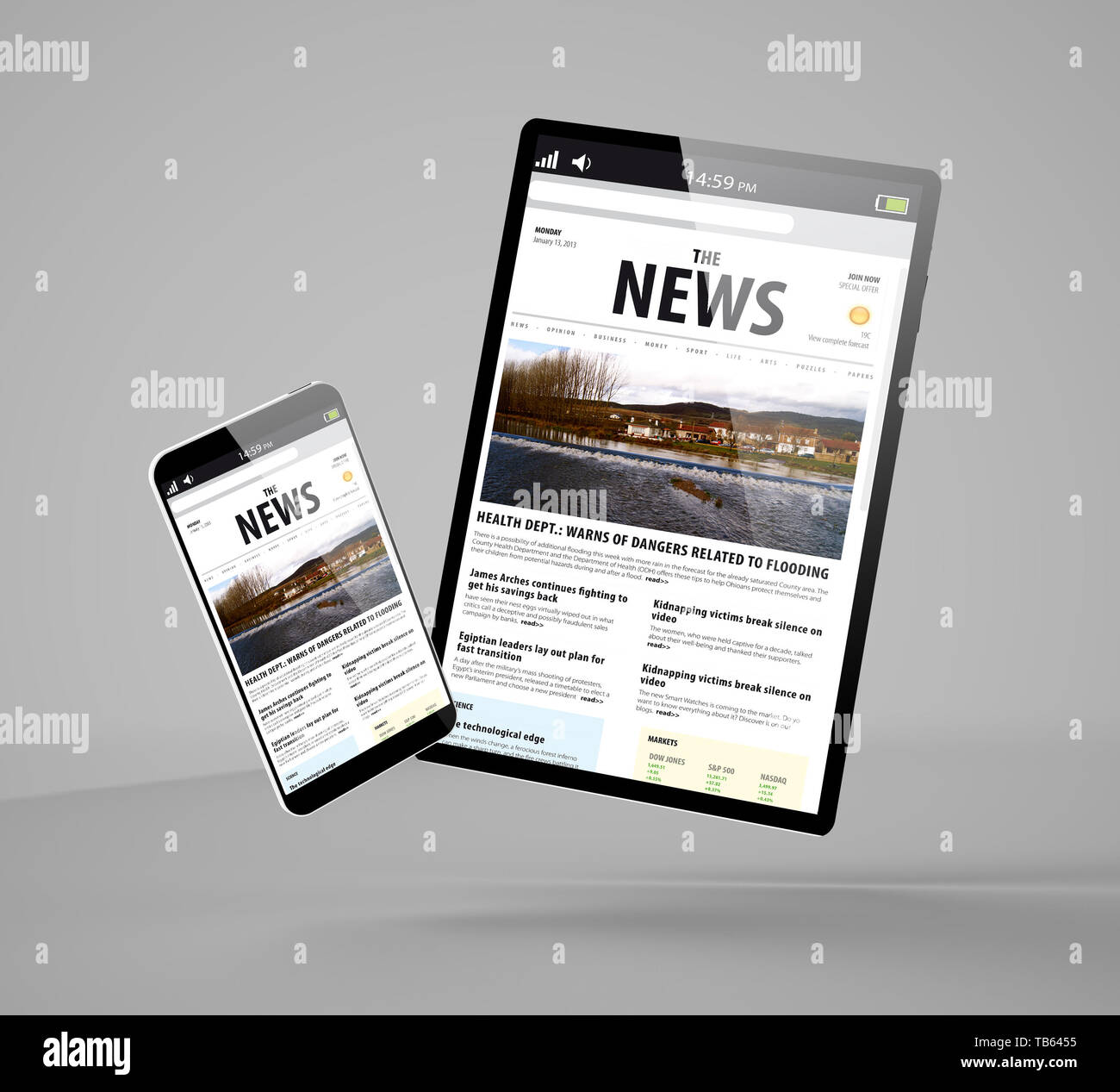 Flying Smartphone und Tablet mockup 3D Rendering News Website Stockfoto