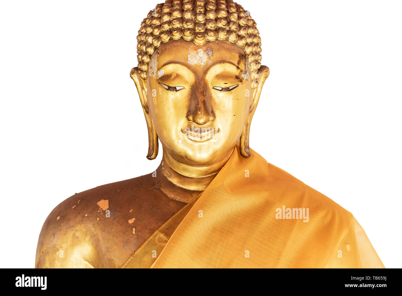 Golden Buddha Kopf auf weißem Hintergrund. Stockfoto