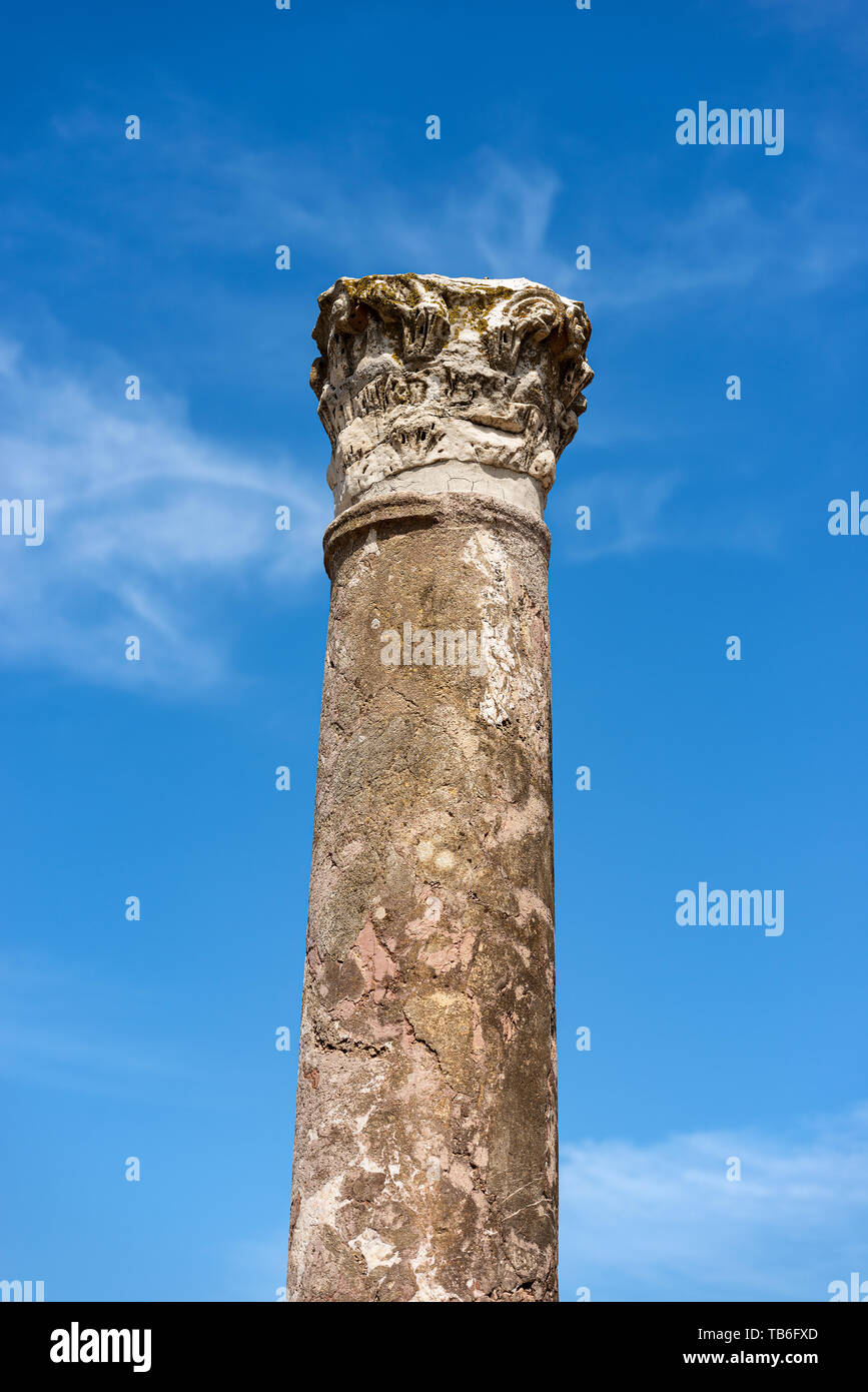 Spalte mit Kapital im korinthischen Stil, Ostia Antica, Römische Kolonie im 7. Jahrhundert v. Chr. gegründet. Rom, UNESCO-Weltkulturerbe, Italien, Latium Stockfoto