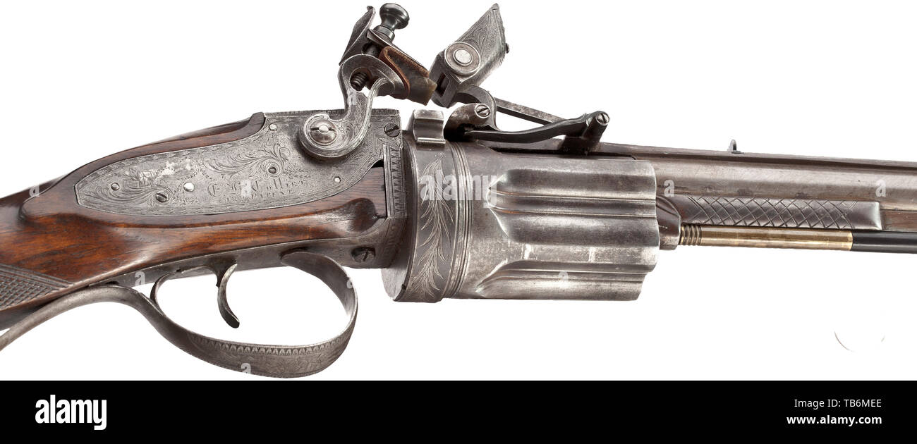 Ein Flintlock revolver Gewehr, Collier System, London, ca. 1820/25, gebläute Damaskus aus Stahl mit oberen und unteren Rippe, 8-Nut rifled Bohrung 14 mm Kaliber. Silberne front Sight, aufeinander abgestimmten Kimme. Die Außenseite der Laufbuchse stark abgenutzt, mit neuer Flächen, die mittelrippe im mittleren Abschnitt etwas durch Reinigung getragen. Auf dem Fass Rippe die erneuerte Gravur" E.H. Collier 129 London'. 5-shot Zylinder, Ladewagen, frizzen mit Grundierung des 19. Jahrhunderts, Additional-Rights - Clearance-Info - Not-Available Stockfoto