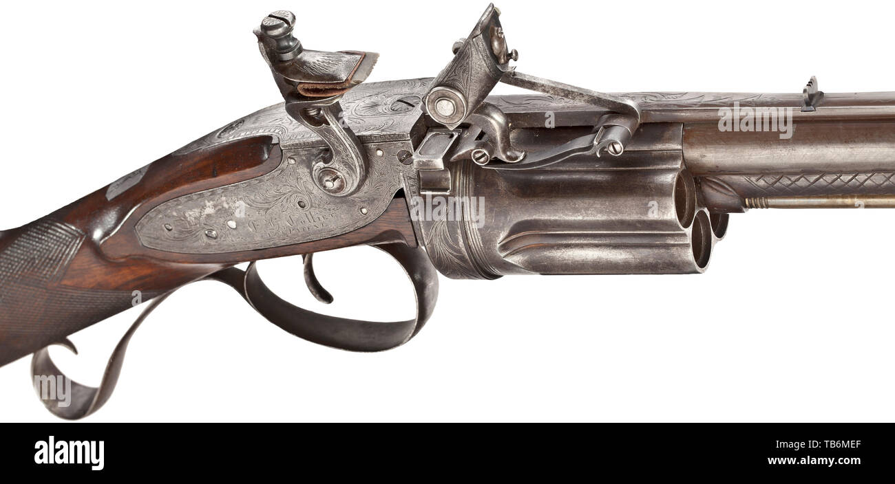 Ein Flintlock revolver Gewehr, Collier System, London, ca. 1820/25, gebläute Damaskus aus Stahl mit oberen und unteren Rippe, 8-Nut rifled Bohrung 14 mm Kaliber. Silberne front Sight, aufeinander abgestimmten Kimme. Die Außenseite der Laufbuchse stark abgenutzt, mit neuer Flächen, die mittelrippe im mittleren Abschnitt etwas durch Reinigung getragen. Auf dem Fass Rippe die erneuerte Gravur" E.H. Collier 129 London'. 5-shot Zylinder, Ladewagen, frizzen mit Grundierung des 19. Jahrhunderts, Additional-Rights - Clearance-Info - Not-Available Stockfoto