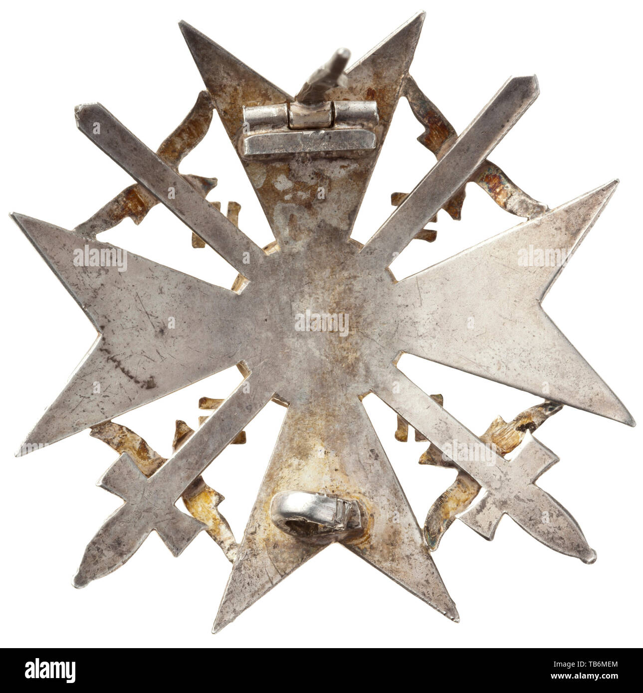 Eine spanische Kreuz in Silber mit Schwertern, konvexe Kreuz und Schwerter in Silber geschlagen, einzeln gelötet Luftwaffe Adler und überlagerte Medaillon. Feine Produktion Qualität mit polierten Kanten und gebogene Anlage Pin auf ein massives Scharnier. Die von der Firma oder Meybauer Juncker in der ersten Serie von 1939 mit umgekehrter '900' Silber Punch. Breite 56,7 mm. Gewicht 37,1 g. Jahrhunderts, 1930 s, 1940 s, Awards, Awards, Deutsches Reich, Drittes Reich, Nationalsozialismus, Nationalsozialismus, Objekt, Objekte, Fotos, Medaillen, Orden, Ehrenzeichen, Medaillen, Orden, Clipping, Ausschneiden, Ausschneiden, Ausschnitten, Ehre, Editorial-Use - Nur Stockfoto