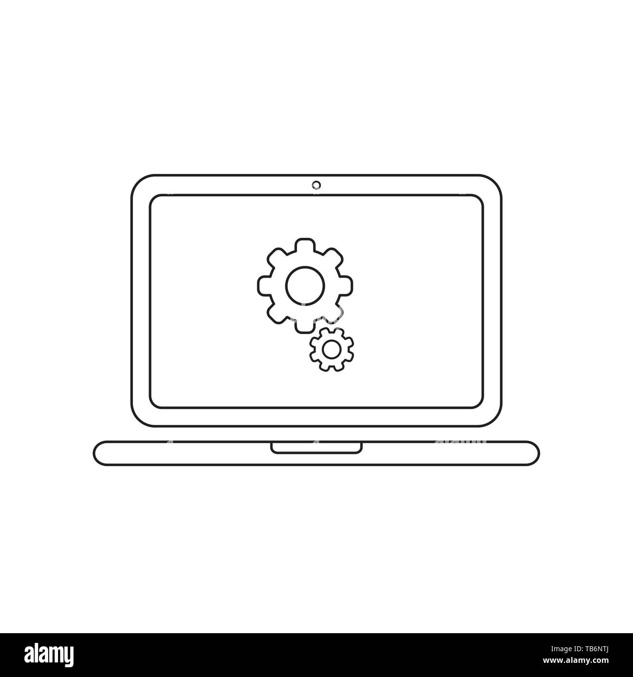 Vektor icon Konzept der Zahnräder innerhalb Laptop. Schwarzen umrissen, weisser Hintergrund. Stock Vektor