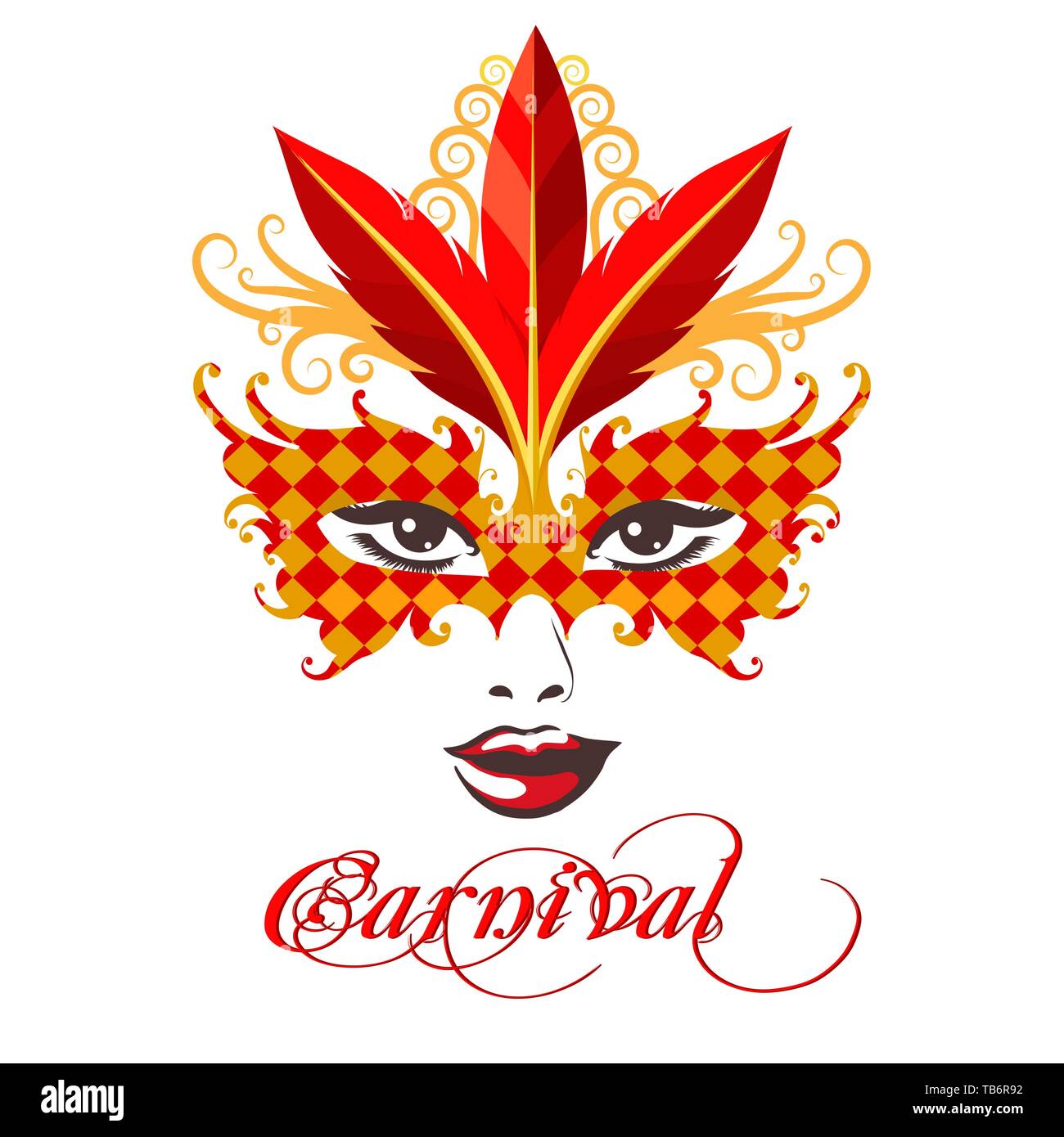 Weibliche Gesicht in Gold und Rot venezianischen Karneval Maske und Formulierung Karneval. Vector Illustration. Stock Vektor