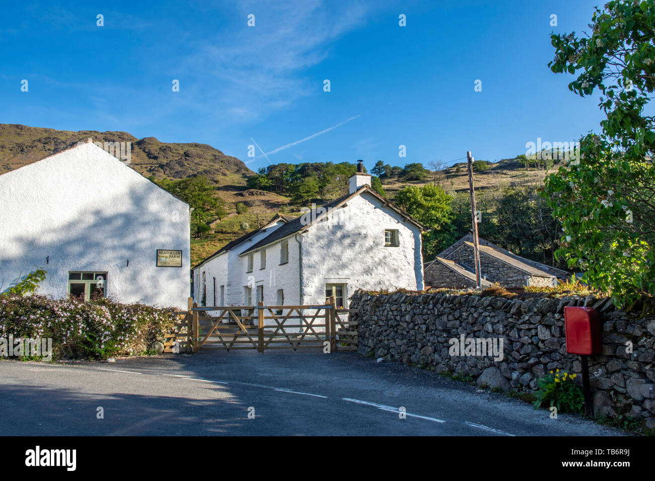 Der malerische Weiler Seatoller, Borrowdale, in der Nähe von Keswick, Lake District, Cumbria, Großbritannien mit traditionellen Steinhäusern Stockfoto