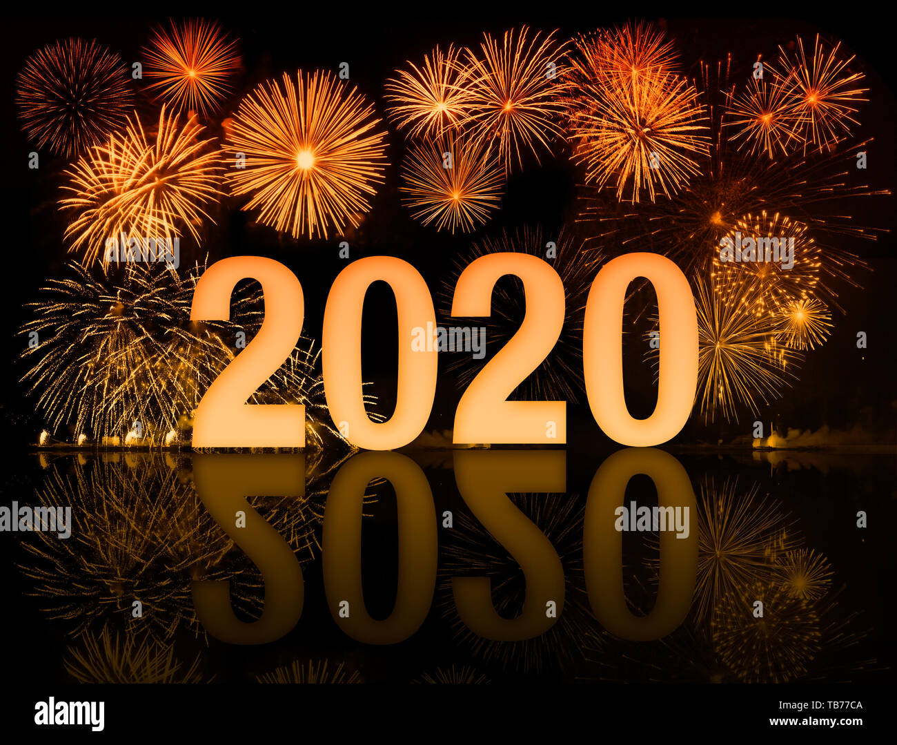 Orange 2020 Frohes neues Jahr Feuerwerk Stockfoto