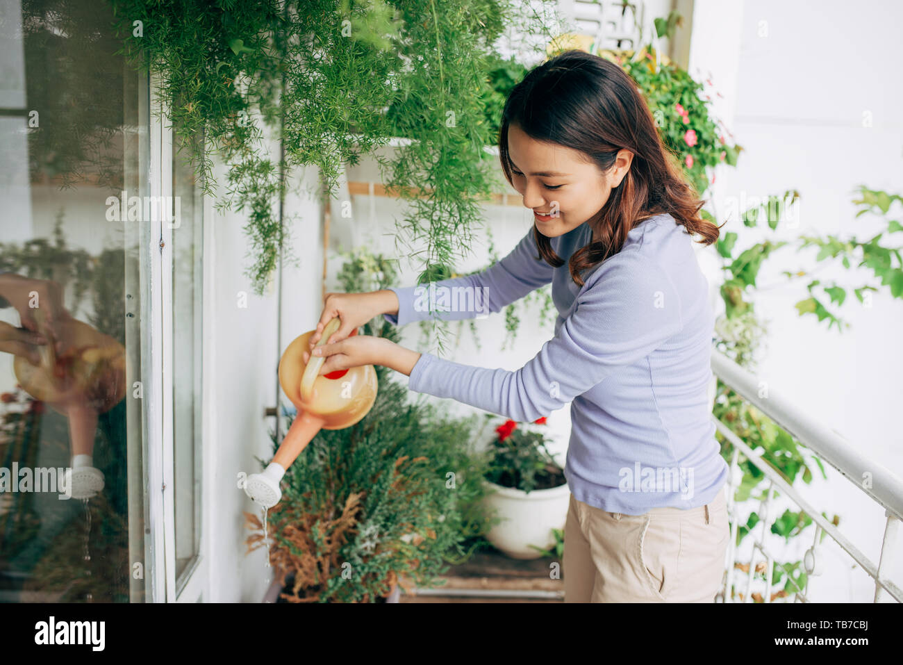 Glückliche junge asiatische Frau Hausfrau Blumen gießen auf dem Balkon Stockfoto