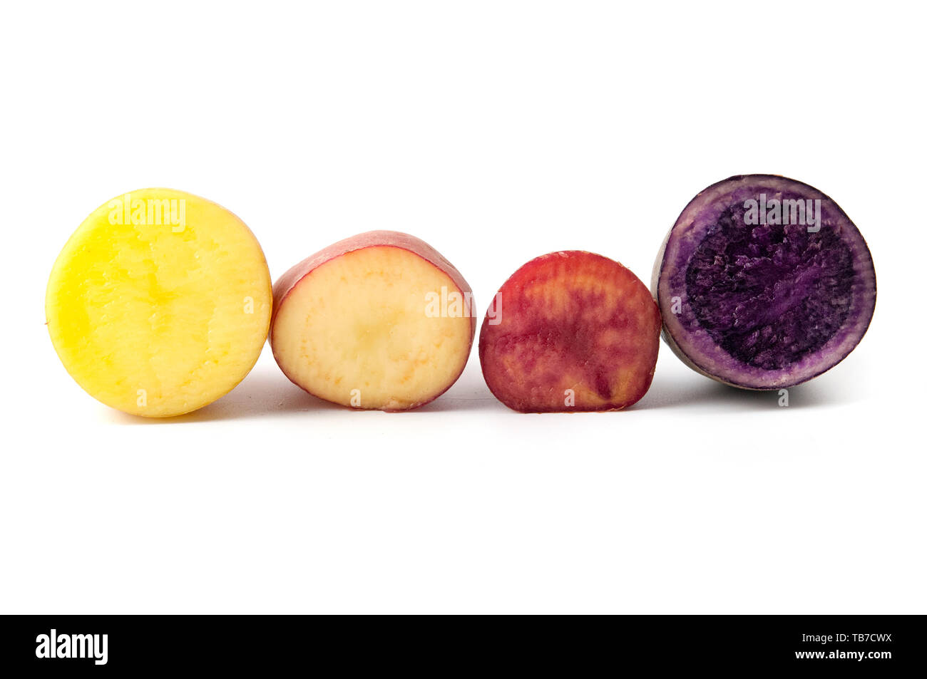 Kartoffeln mit unterschiedlicher Pigmentierung (Solanum tuberosum) auf weißem Hintergrund Stockfoto