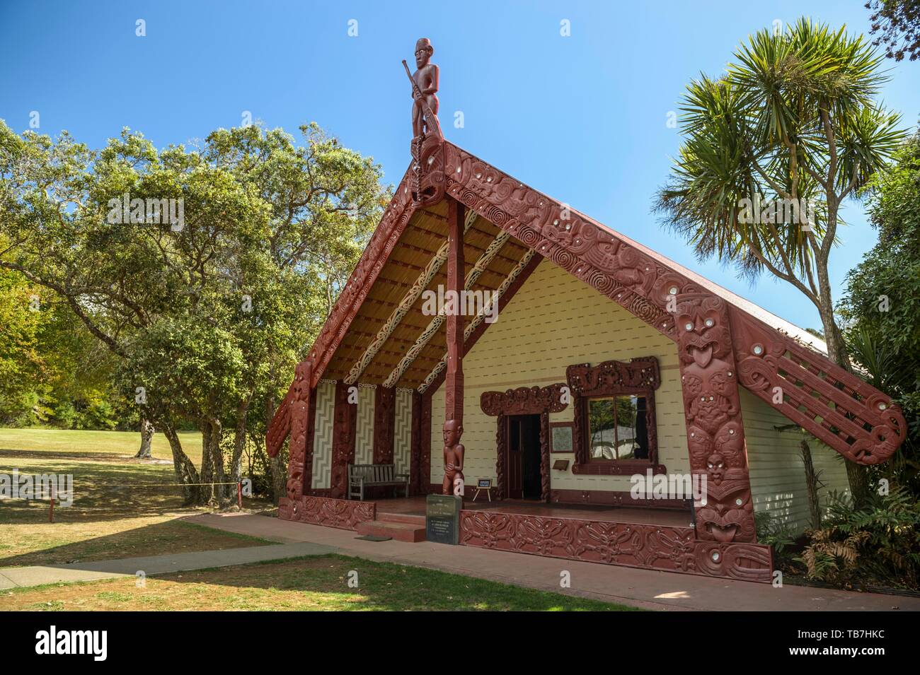 Traditionelle Schnitzereien an der convention hall Te Whare Runanga, Waitangi, weit im Norden Bezirk, Northland, North Island, Neuseeland Stockfoto