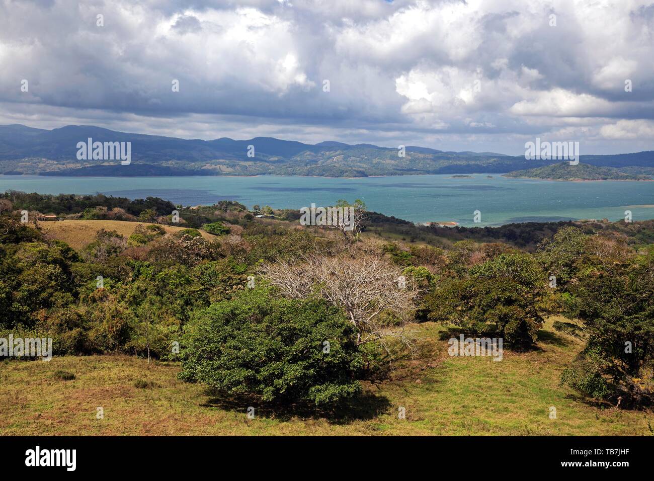 Blick auf den Arenal See mit bewölkter Himmel, Provinz Guanacaste, Costa Rica Stockfoto