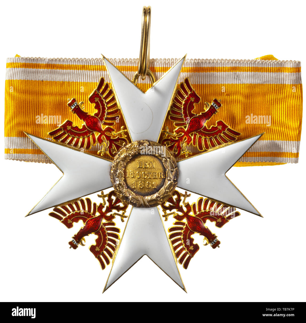 Prinz Alfons von Bayern - Preußen - die Reihenfolge der Rote Adler, vierte Version mit einem Ziegelstein - Red Eagle, 1854-1918, die Abzeichen des Grand Cross, Abmessungen 82 x 82 mm, in Gold, einige Teile in einem feinen guillochierten Überdruck, graviert und Ziseliert, emailliert, Gewicht 57 g (einschließlich der Ring), intakte, drei kaum sichtbare Haarrisse. In hervorragendem Zustand. In den Farben rot, gold geprägte Präsentation Fall in Schwarz gefüttert, mit zwei Hals Bänder. Eine getippte Label im Deckel lautet: 'Nr. 13 Preussen - Roter Adler Orden - Referenzen: von S.M. dem Kaiser" (tr, Additional-Rights - Clearance-Info - Not-Available Stockfoto