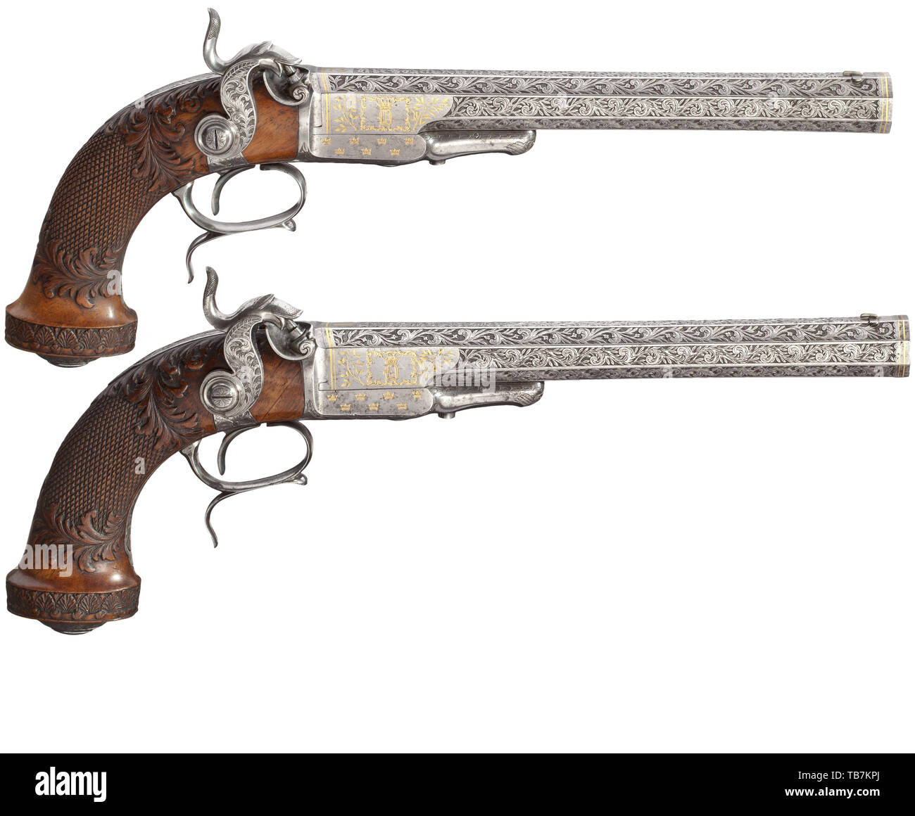 König Oscar II. von Schweden (1829-1907) - ein Paar der Perkussion Pistolen, Husquarna, Mitte des 19. Jahrhunderts, Schwer, konkav rifled Barrel achteckig, seitlich schwenkbar für Laden, in 16-mm-Kaliber mit glatten Bohrungen, minimal an der Schnauze rauh sind. Die Fässer komplett mit üppigen Ranken aus dem 19. Jahrhundert, Editorial-Use - Nur abgedeckt Stockfoto