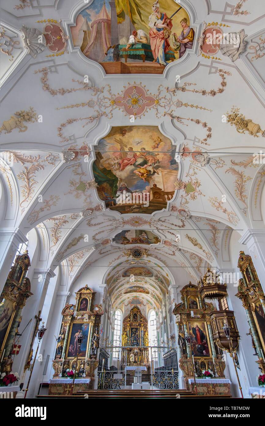 Interieur, Decke mit Fresken, Interieur, Klosterkirche St. Johann Baptist, in der Nähe von tuntenhausen Beyharting, Oberbayern, Bayern, Deutschland Stockfoto