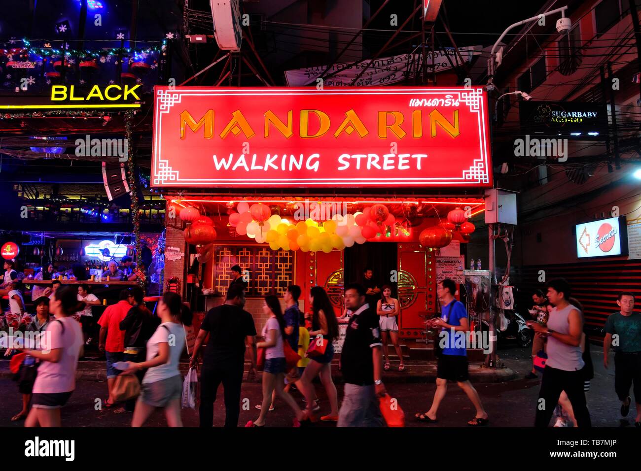 Walking Street, Bars, Fußgängerzone, beleuchtete Werbung, Mandarin, Discos, Nachtleben, Pattaya, Chonburi, Thailand Stockfoto