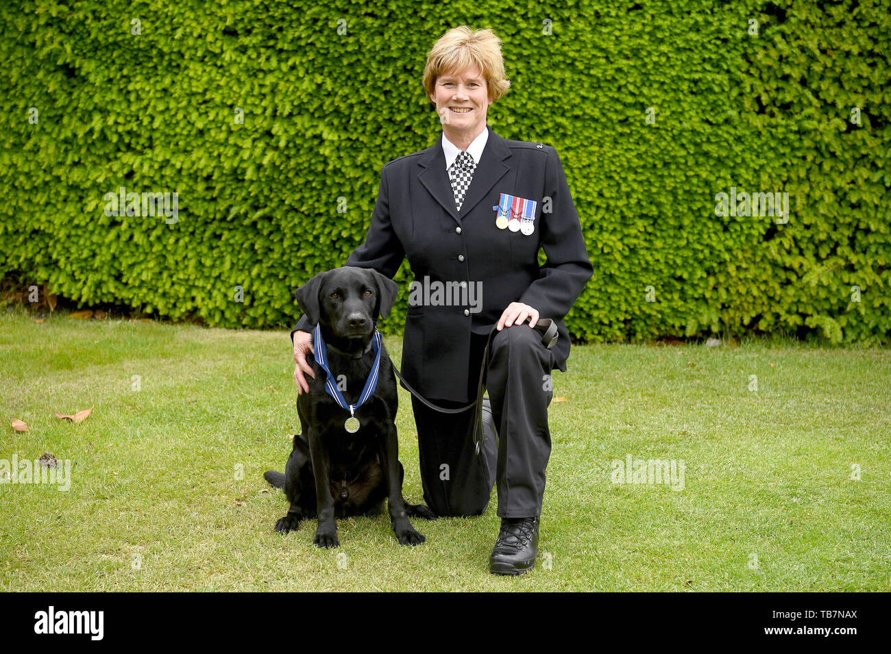 Polizei hund Oscar, mit seinem handler PC Nikki Gibbins, an der Honourable Artillery Company in London, die die PDSA Verdienstordens. Neunzehn Helden Polizei Hunde sind eine Auszeichnung für die Hilfe Notdienste während der 2017 London Terroranschläge auf die Westminster Bridge, London Bridge und Borough Market. Stockfoto