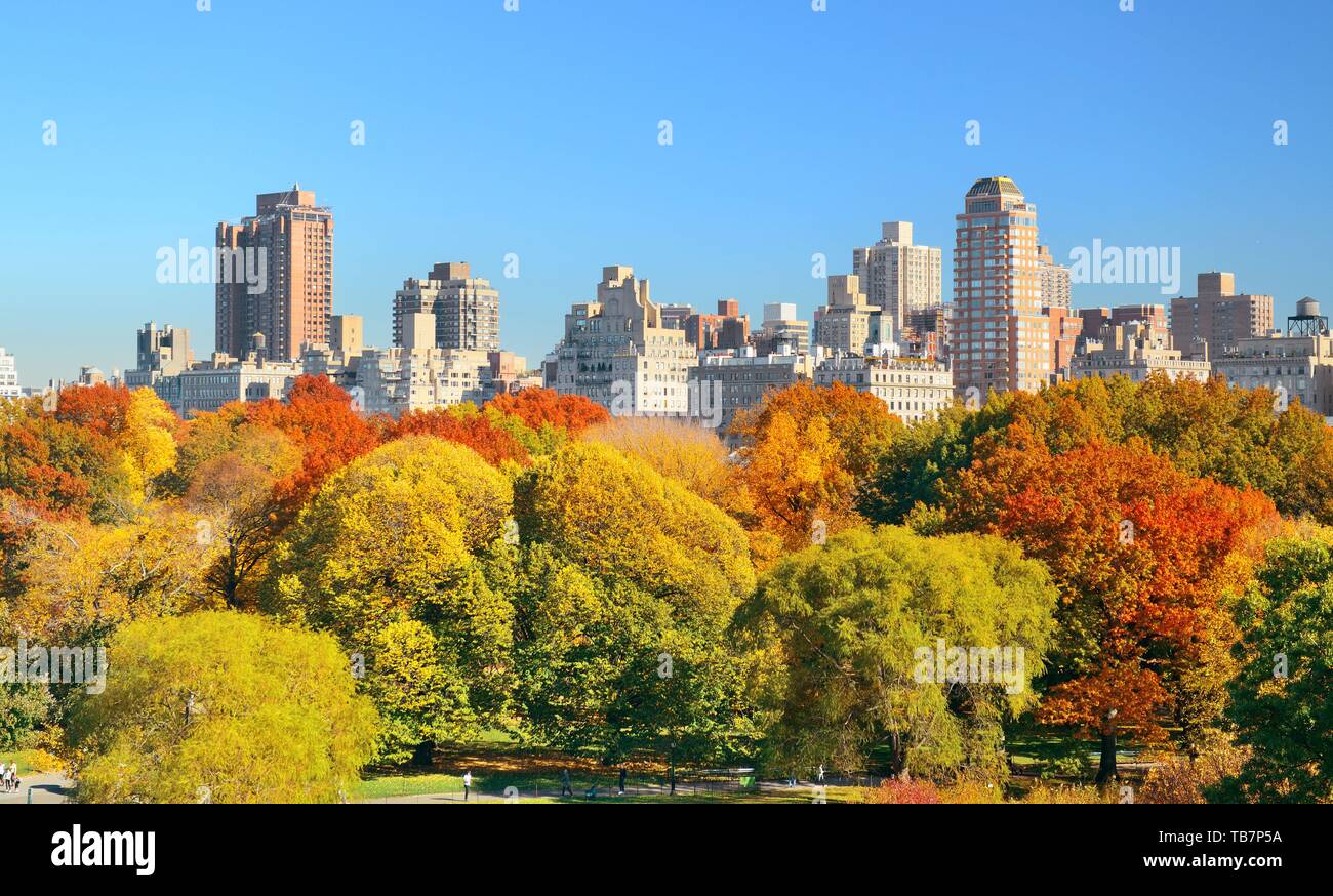 See und im Herbst Laub mit Mehrfamilienhäusern im Central Park von Manhattan in New York City. Stockfoto