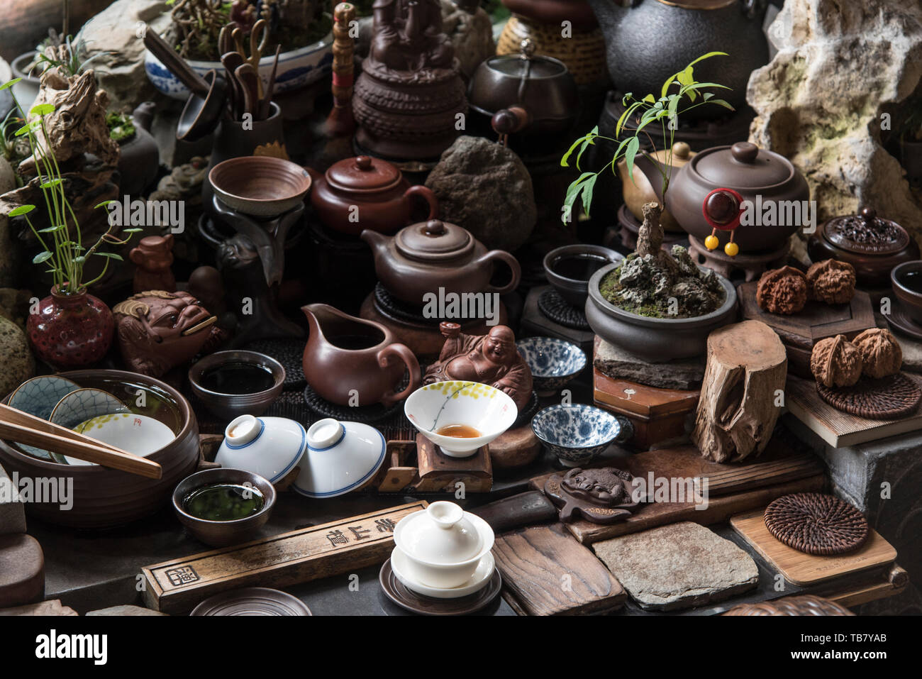 Keramik Teekannen und Tee Zeremonie Cups in Chengdu, Sichuan, China Stockfoto