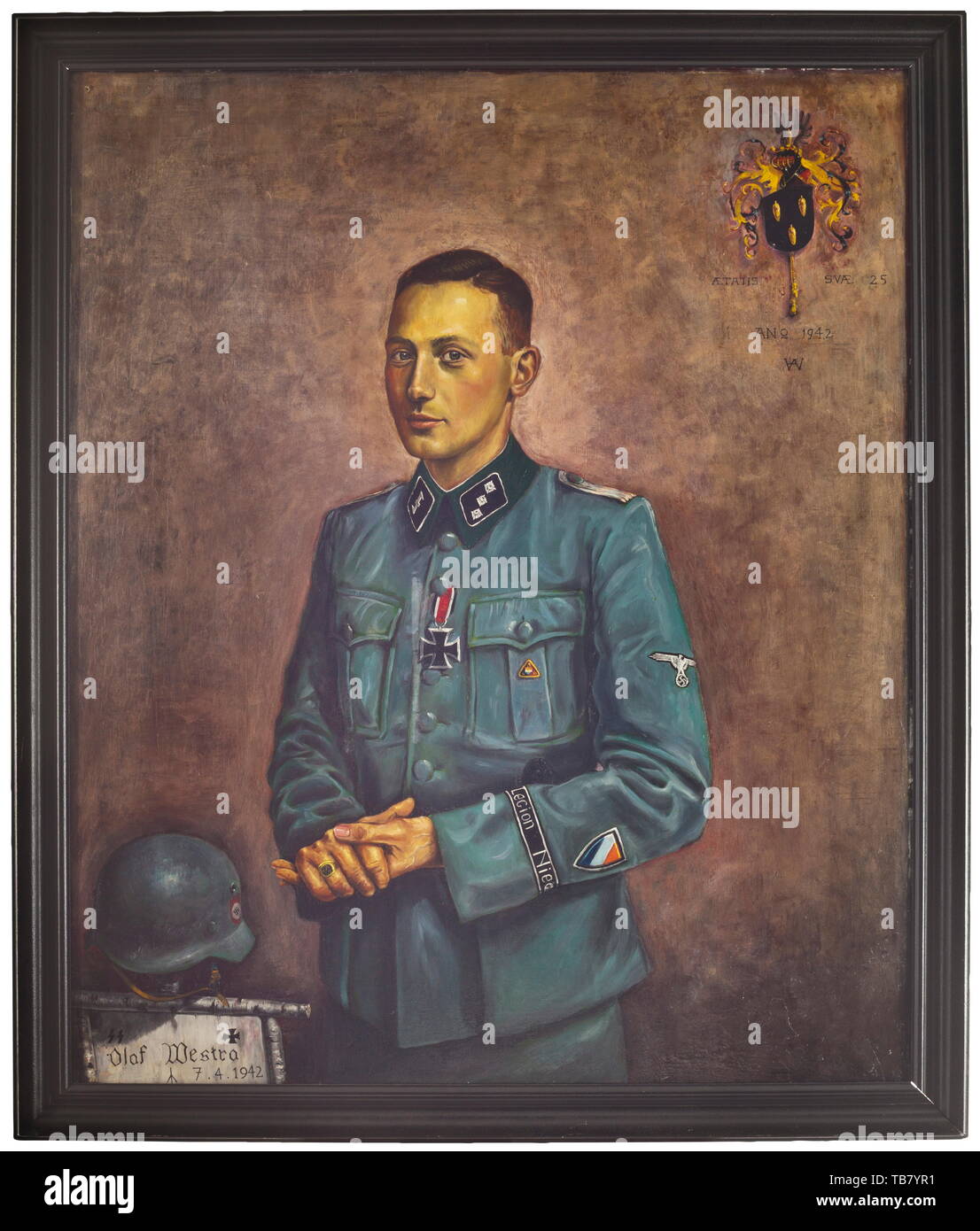SS-Untersturmführer Olaf Westra (1916 - 1942) - ein Ölgemälde, datiert 1942, Öl auf Sperrholz, Signatur des Künstlers 'WA' oben rechts im Stil der Alten Meister und, in Bezug auf die Themen, die die Bezeichnung "AETATIS SVAE 25 Ano 1942" unter dem Wappen der Familie. Unten links, der Name des Themas und das Datum des Todes' Olaf Westra/7.4.1942' auf eine Birke Kreuz mit einem stahlhelm. Brustbild in der Uniform eines Untersturmführer im SS-Freiwilligen-Legion Nederland, mit dem Eisernen Kreuz II. In einer schwarz lackierten geformten Rahmen. Dimension der Malerei ca. 12 Editorial-Use - Nur Stockfoto