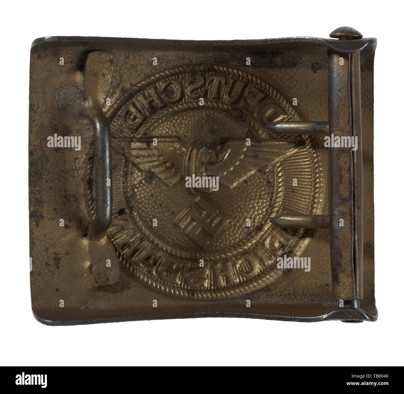 Die JOHN WAHL Gürtel und Schnallen, einer Kollektion 1934 - 1945 Eisenbahn Wasser Schutz EM/NCO Gürtelschnalle, gestanzt Stahl, gekörnt äußeren Feld, geprägte Zentrum rundes Design, behält 80% gold finish. Vgl. Angolia, Gürtelschnallen & Brokat des Dritten Reiches, S. 485., Editorial-Use - Nur Stockfoto