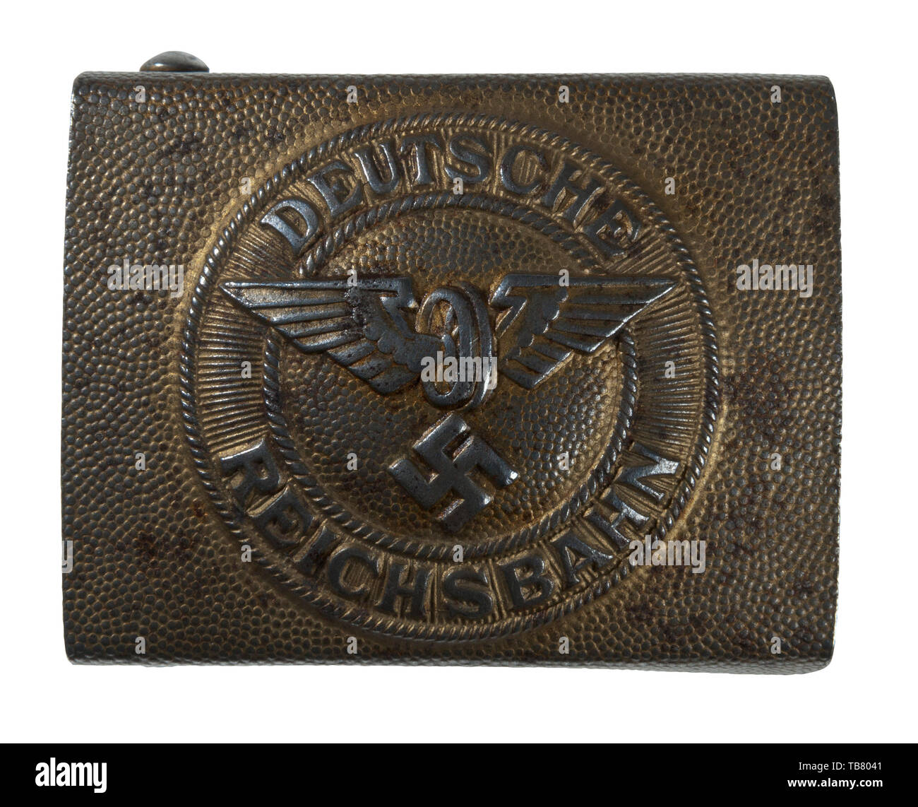 Die JOHN WAHL Gürtel und Schnallen, einer Kollektion 1934 - 1945 Eisenbahn Wasser Schutz EM/NCO Gürtelschnalle, gestanzt Stahl, gekörnt äußeren Feld, geprägte Zentrum rundes Design, behält 80% gold finish. Vgl. Angolia, Gürtelschnallen & Brokat des Dritten Reiches, S. 485., Editorial-Use - Nur Stockfoto