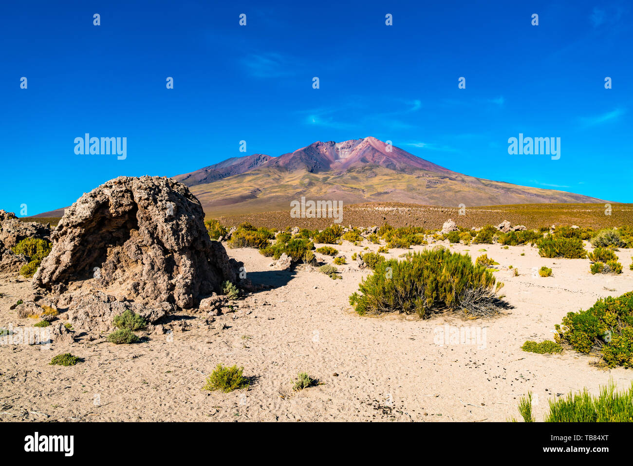 Angesichts des hohen Höhe Vulkan Tunupa am Rande des Uyuni Salzsee in Boliviat Stockfoto