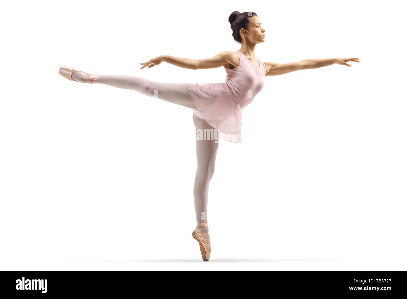 Volle Länge Schuß einer Ballerina in einen arabischen Haltung auf weißem Hintergrund Stockfoto