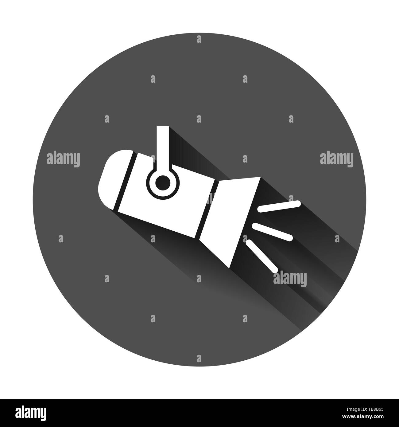 Symbol "Spotlight" im flachen Stil. Lampe Vector Illustration auf schwarzen Hintergrund mit langen Schatten. Taschenlampe Geschäftskonzept. Stock Vektor